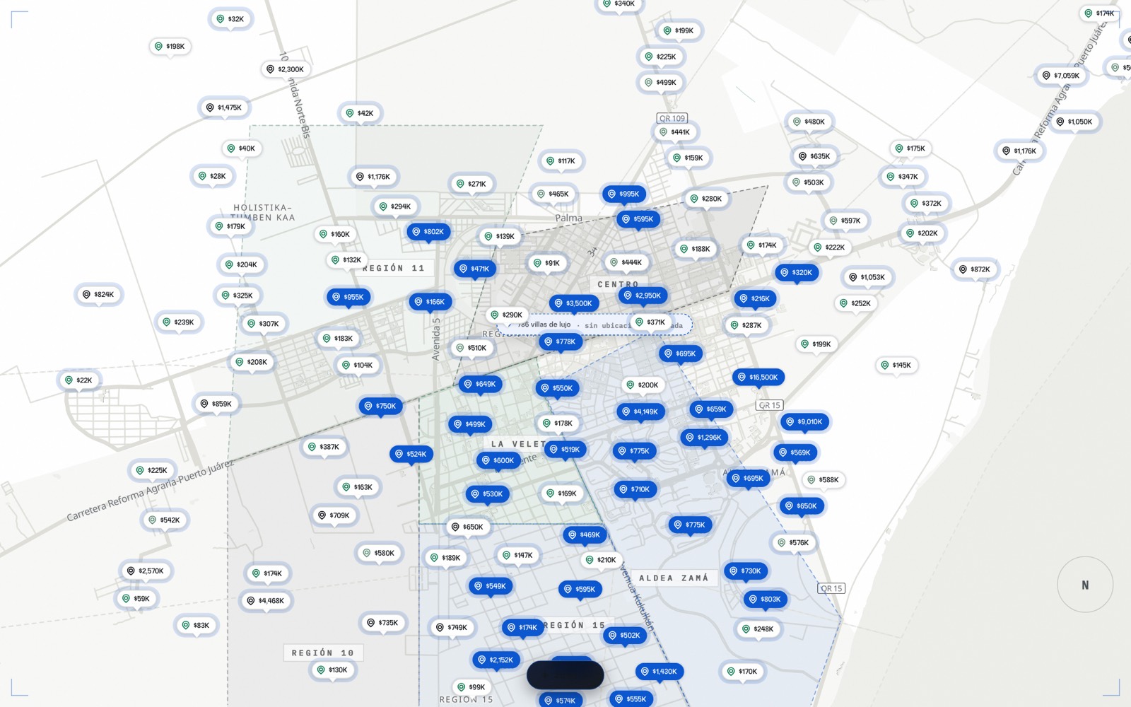 Mapa vivo de DEDALO — cada burbuja una propiedad con su valor justo sobre Tulum
